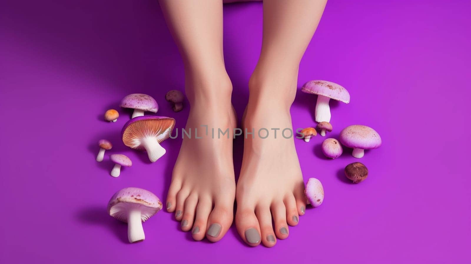 image with female bare legs, feet with mushrooms between fingers. health care. foot fungus. AI generative by lucia_fox