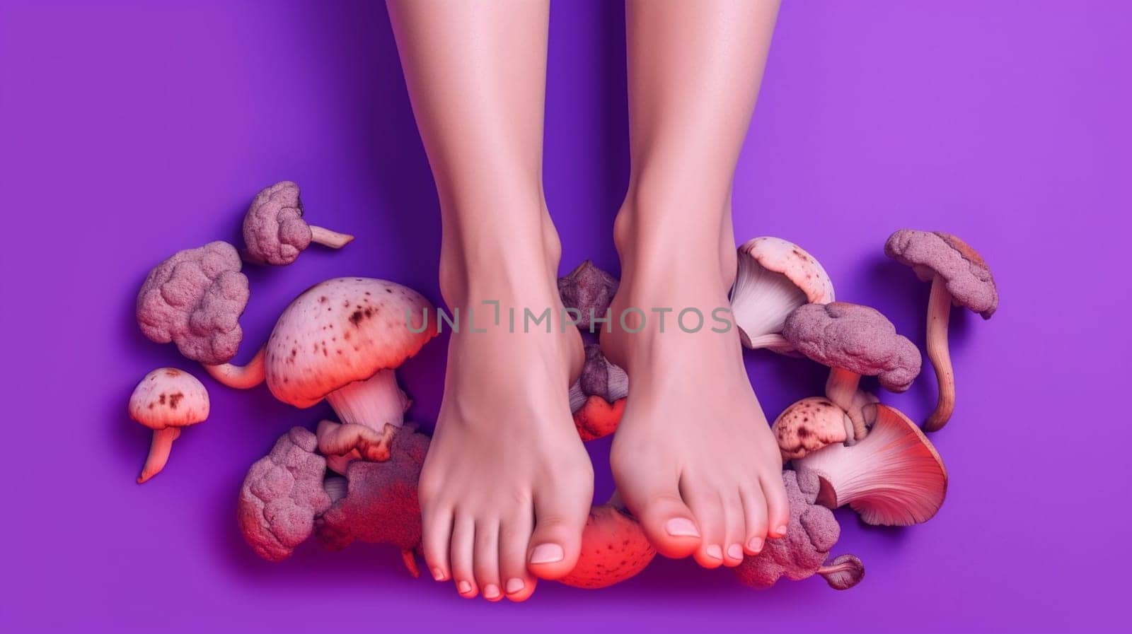 image with female bare legs, feet with mushrooms between fingers. health care. foot fungus. AI generative.