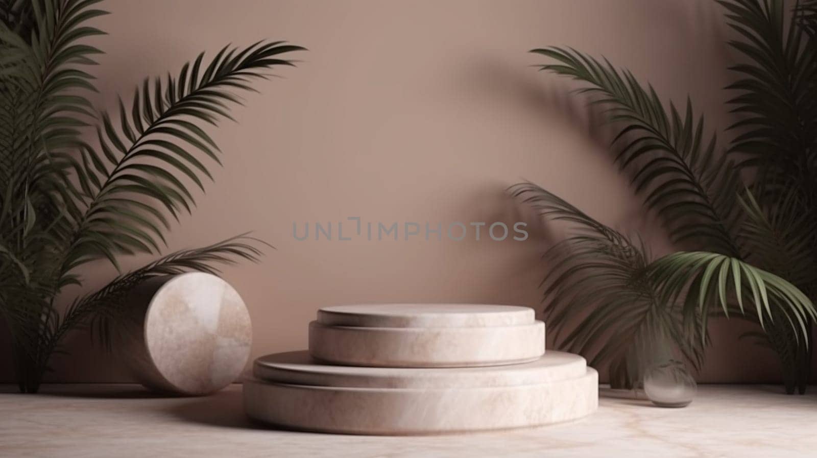 Abstract background scene of podium for display product for presentation concept made of natural stone slabs and palm. Ai Generative.