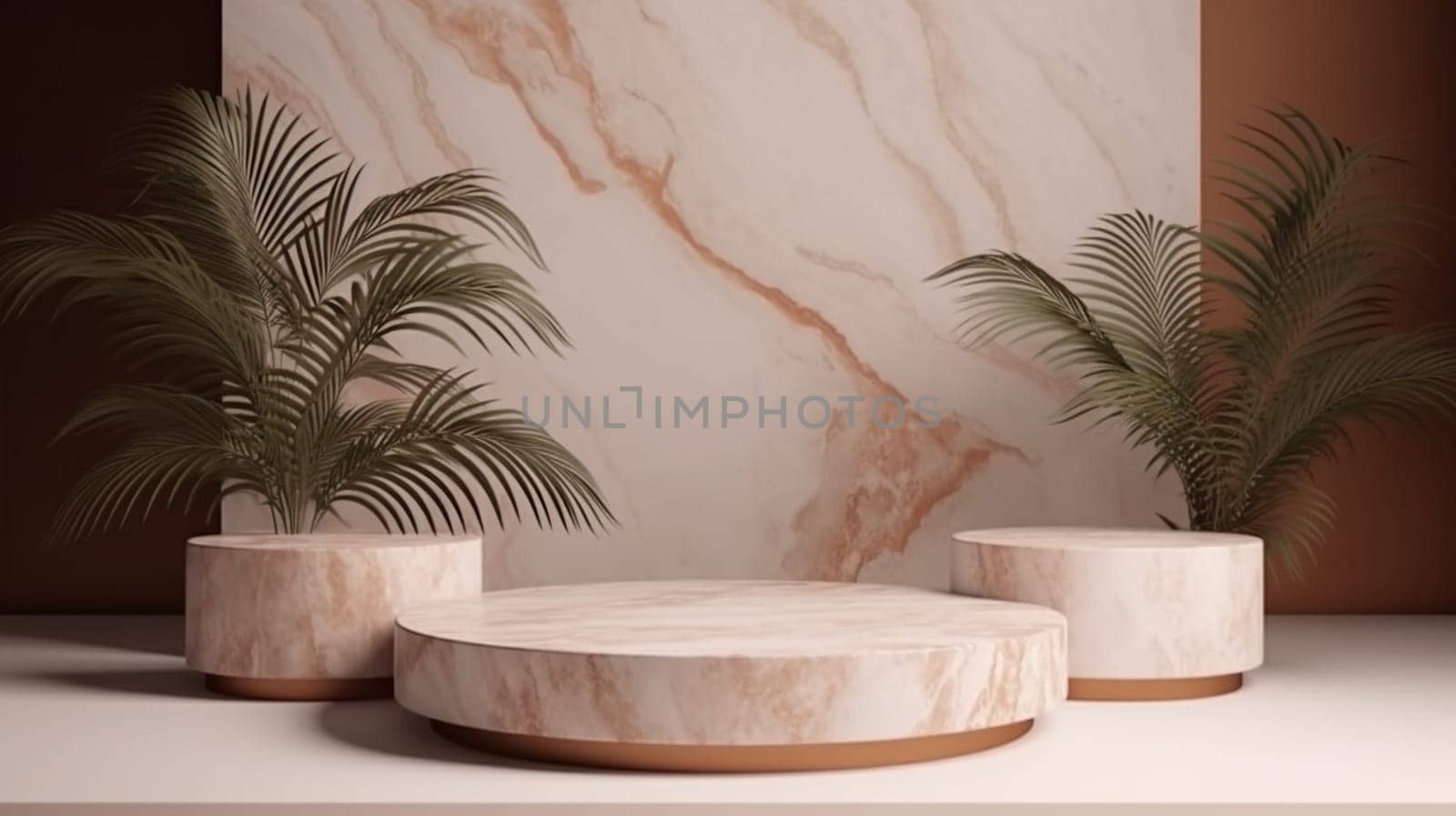 Abstract background scene of podium for display product for presentation concept made of natural stone slabs and palm. Ai Generative.