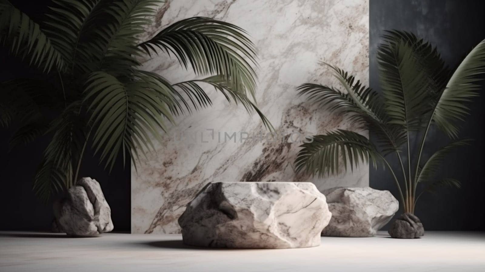 Abstract background scene of podium for display product for presentation concept made of natural stone slabs and palm. Ai Generative by lucia_fox