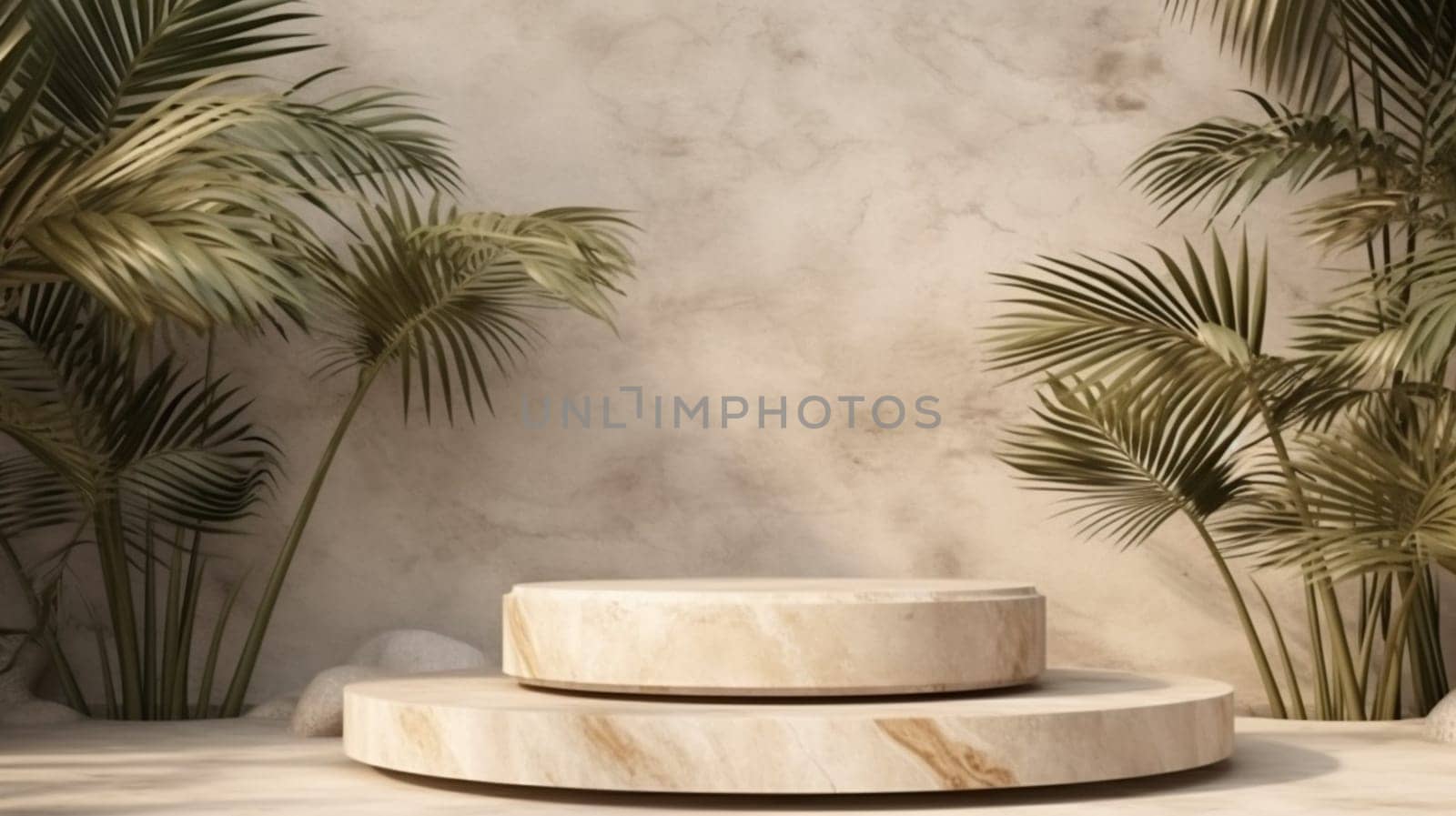 Abstract background scene of podium for display product for presentation concept made of natural stone slabs and palm. Ai Generative.