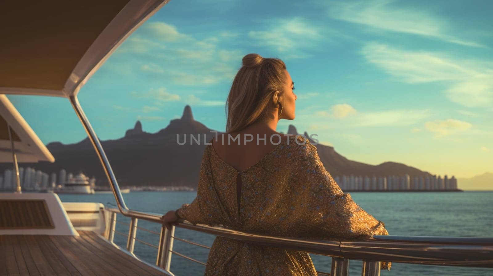 young woman in a summer suit and hat standing on edge of yacht, looking to beautiful nature landscape during trip. Happy woman enjoying summer travel. Back view. Ai Generative.