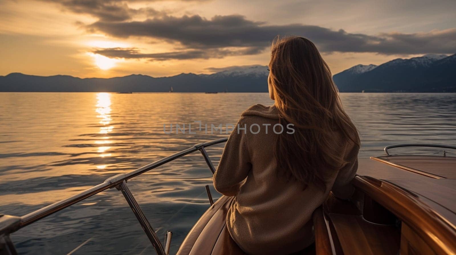 young woman in a summer suit and hat standing on edge of yacht, looking to beautiful nature landscape during trip. Happy woman enjoying summer travel. Back view. Ai Generative by lucia_fox