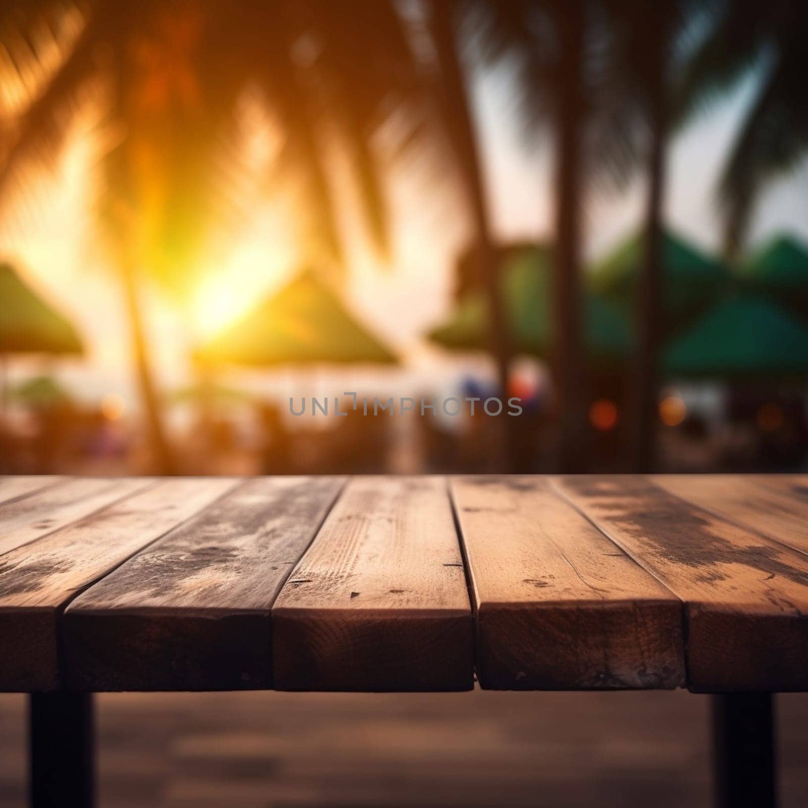 wooden empty table for mock up against blurred background with bokeh Empty wooden table top product display showcase stage. Tropical summer sunset beach bar Ai generative.