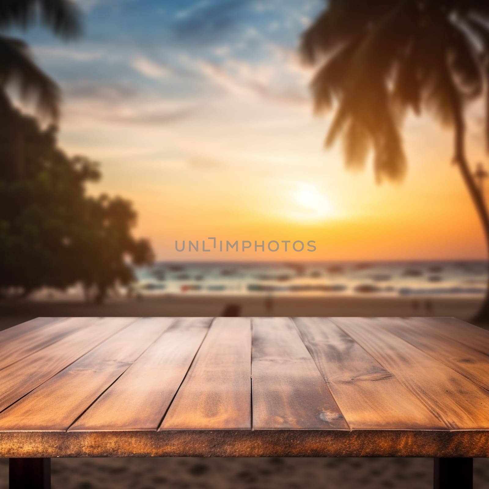 wooden empty table for mock up against blurred background with bokeh Empty wooden table top product display showcase stage. Tropical summer sunset beach bar Ai generative by lucia_fox