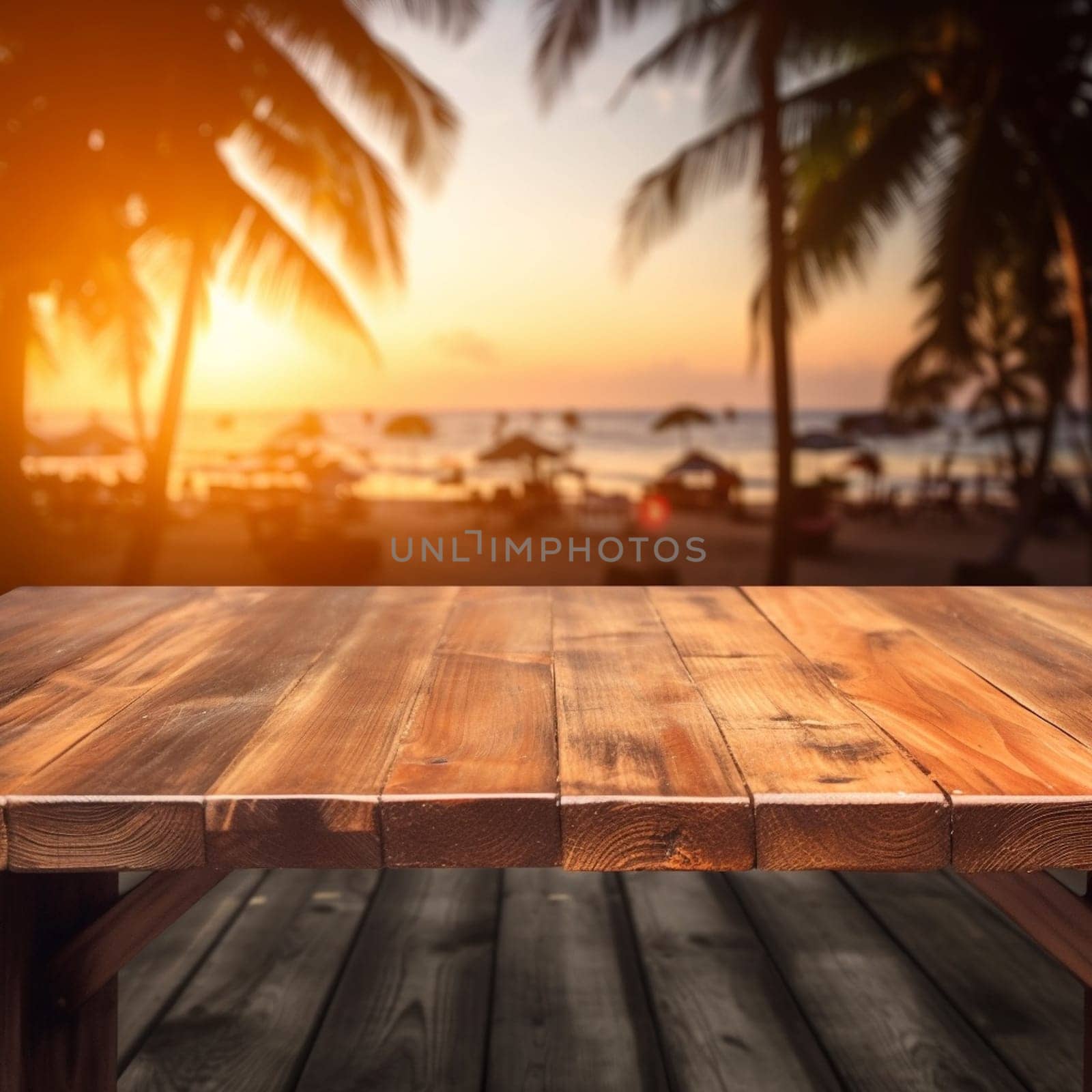 wooden empty table for mock up against blurred background with bokeh Empty wooden table top product display showcase stage. Tropical summer sunset beach bar Ai generative by lucia_fox