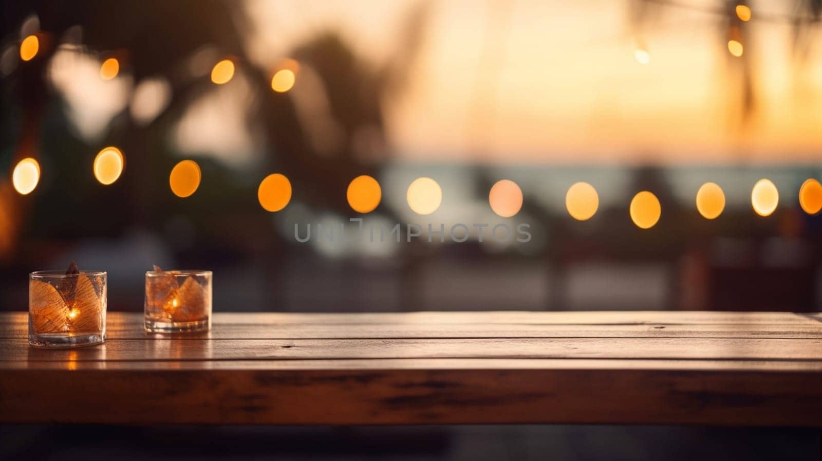 wooden empty table for mock up against blurred background with bokeh Empty wooden table top product display showcase stage. Tropical summer sunset beach bar Ai generative.