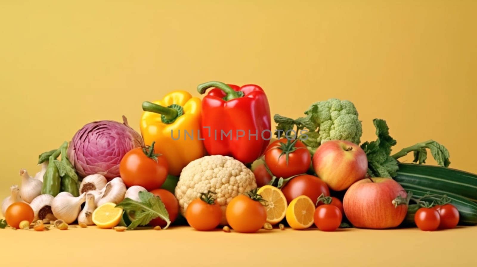 Organic food background. Food photography different fruits and vegetables. Copy space. Ai Generative by lucia_fox
