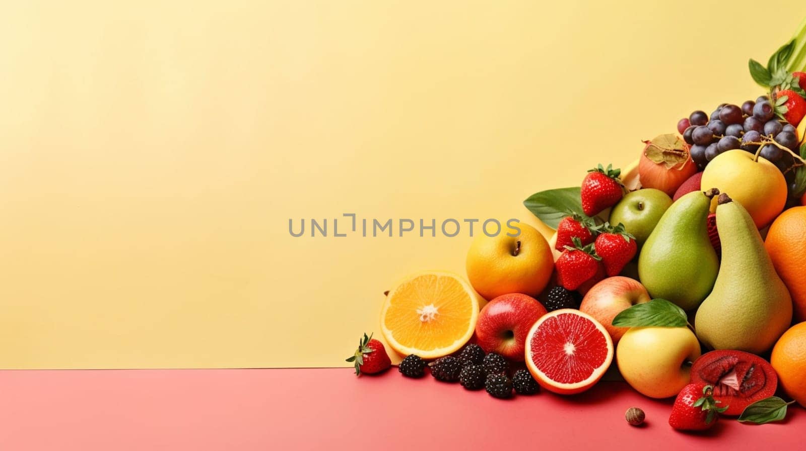Organic food background. Food photography different fruits and vegetables. Copy space. Ai Generative by lucia_fox