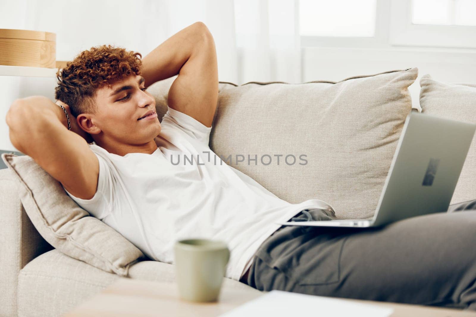 man interior caucasian cyberspace job laptop sofa couch student blissful internet person modern computer indoor home adult phone white curly chat