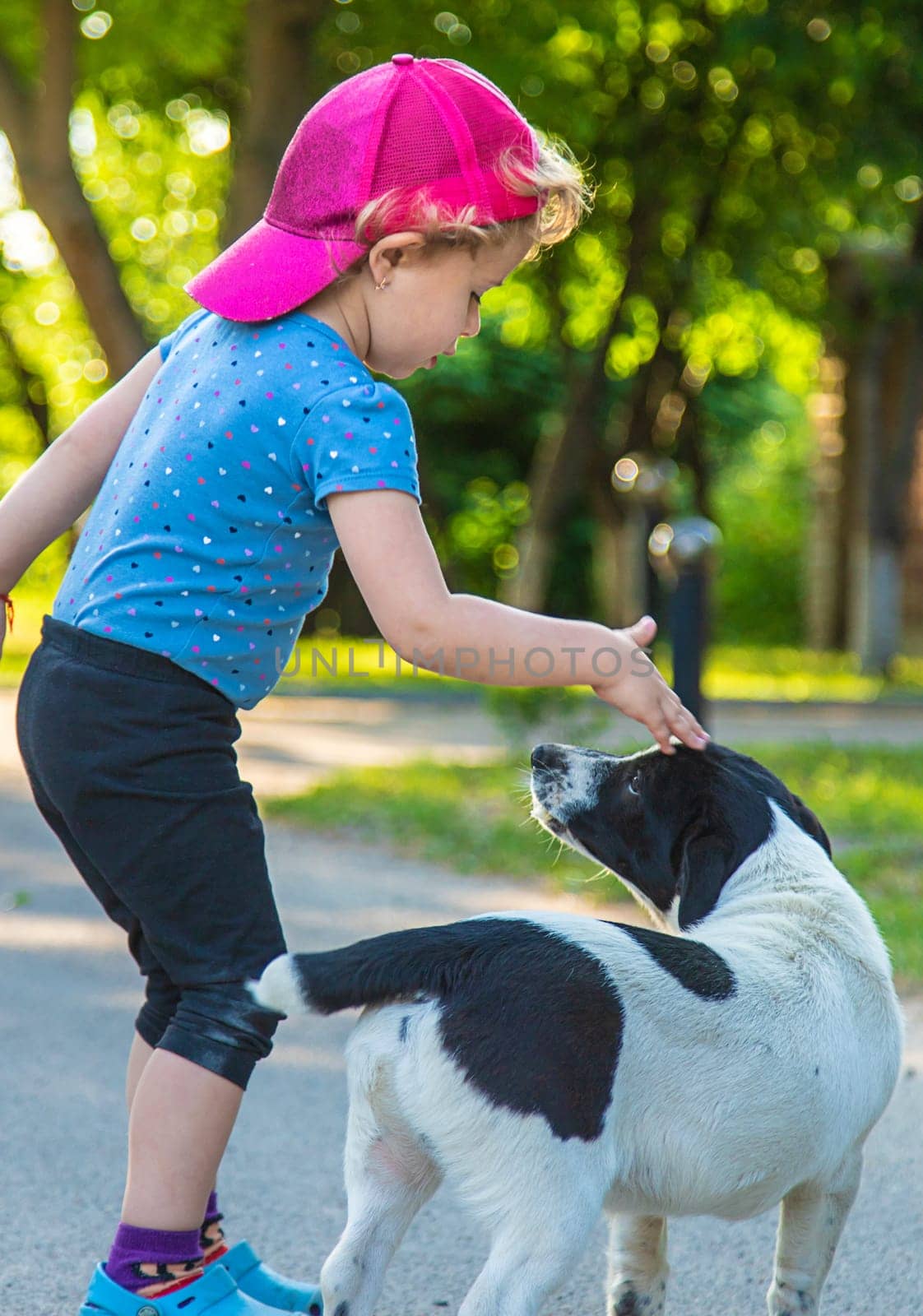 A child plays with a small dog in the park. Selective focus. by yanadjana