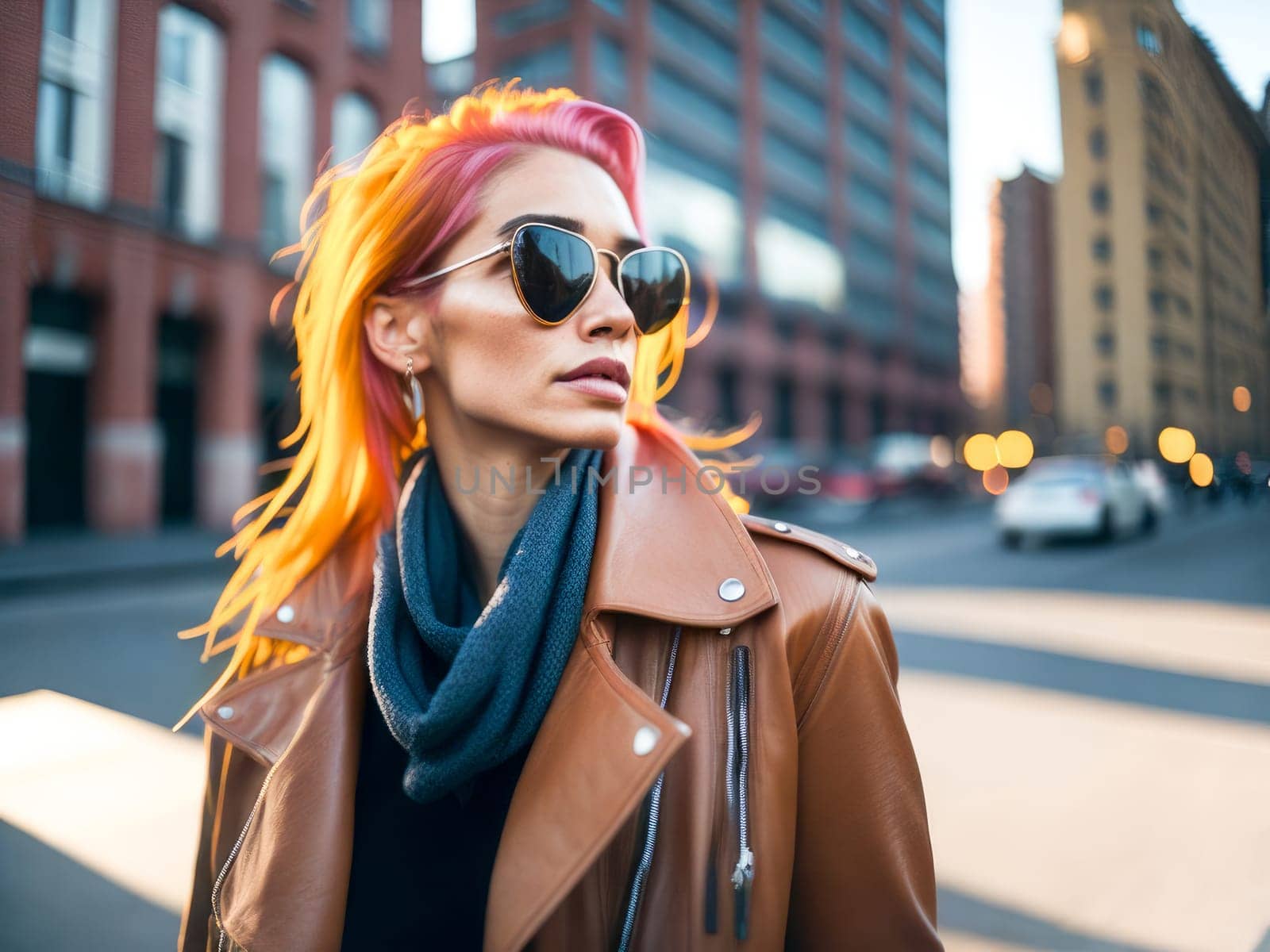 Charming caucasian woman with yellow hair in sunglasses wearing stylish brown leather jacket looking at the camera standing on a blurred city background. Hipster girl. Generative Ai