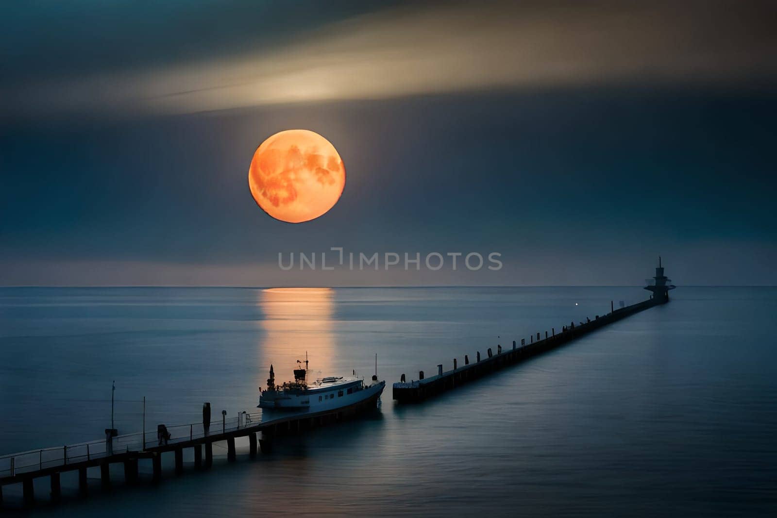 Moonlight in ocean landscape. The ocean stretches out as far as the eye can see, its surface a canvas of deep, midnight blue. AI generated image