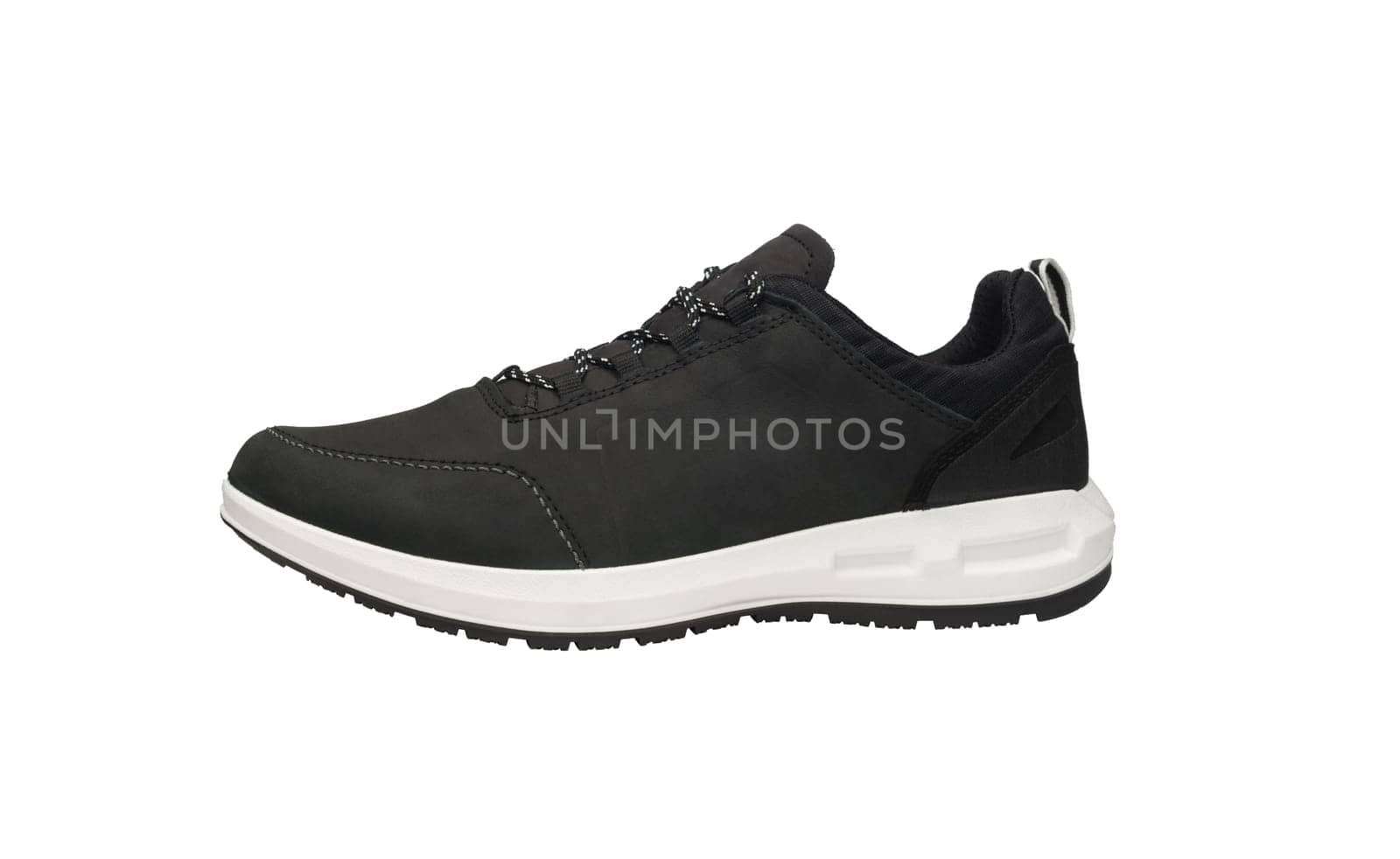 New running sneaker in cold weather isolated on white background. Men sport footwear for everyday use. Athletic unbranded workout gym shoes with white sole. Modern black leather trainers for training