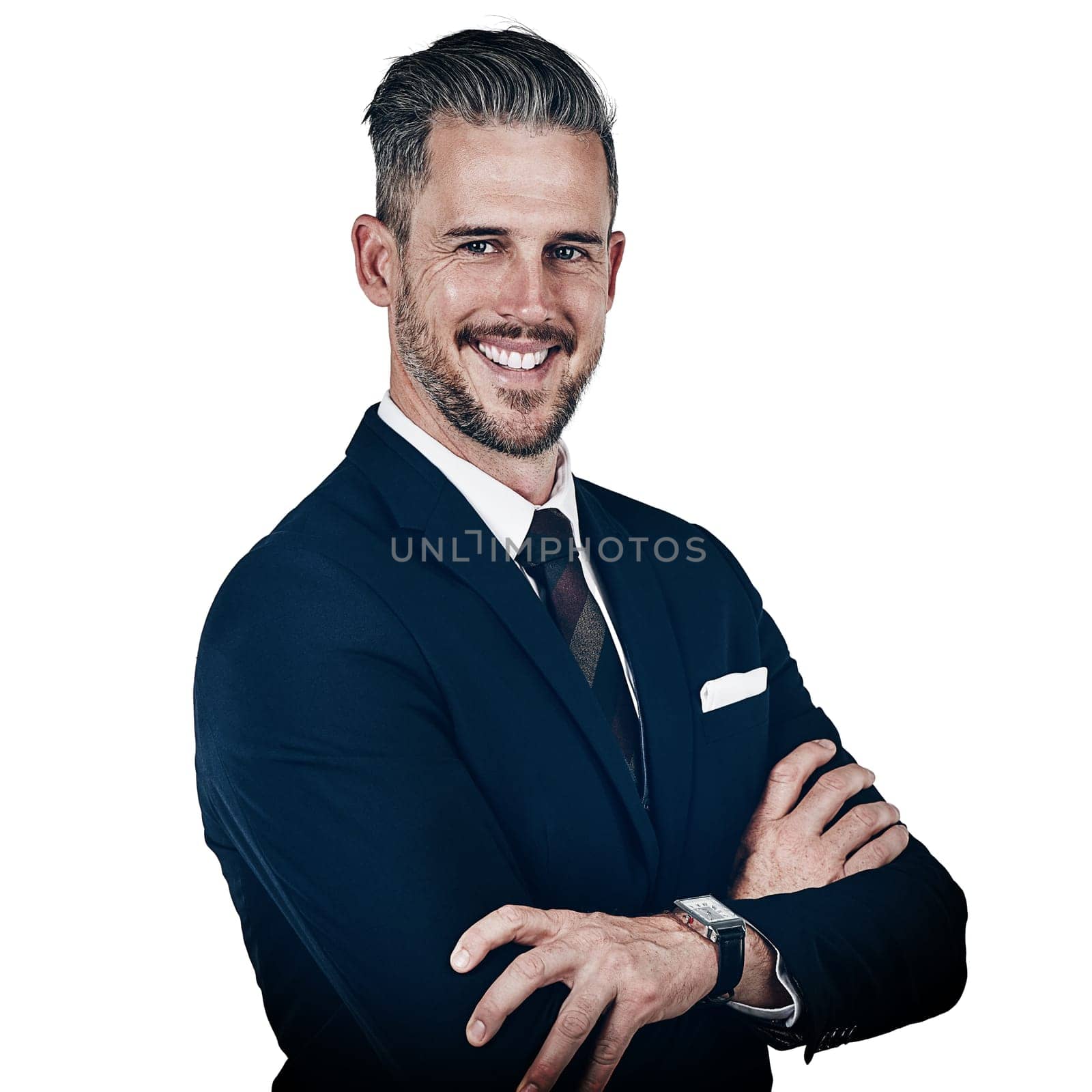 Positivity and determination keep the corporate dream alive. Studio portrait of a confident businessman posing against a white background. by YuriArcurs