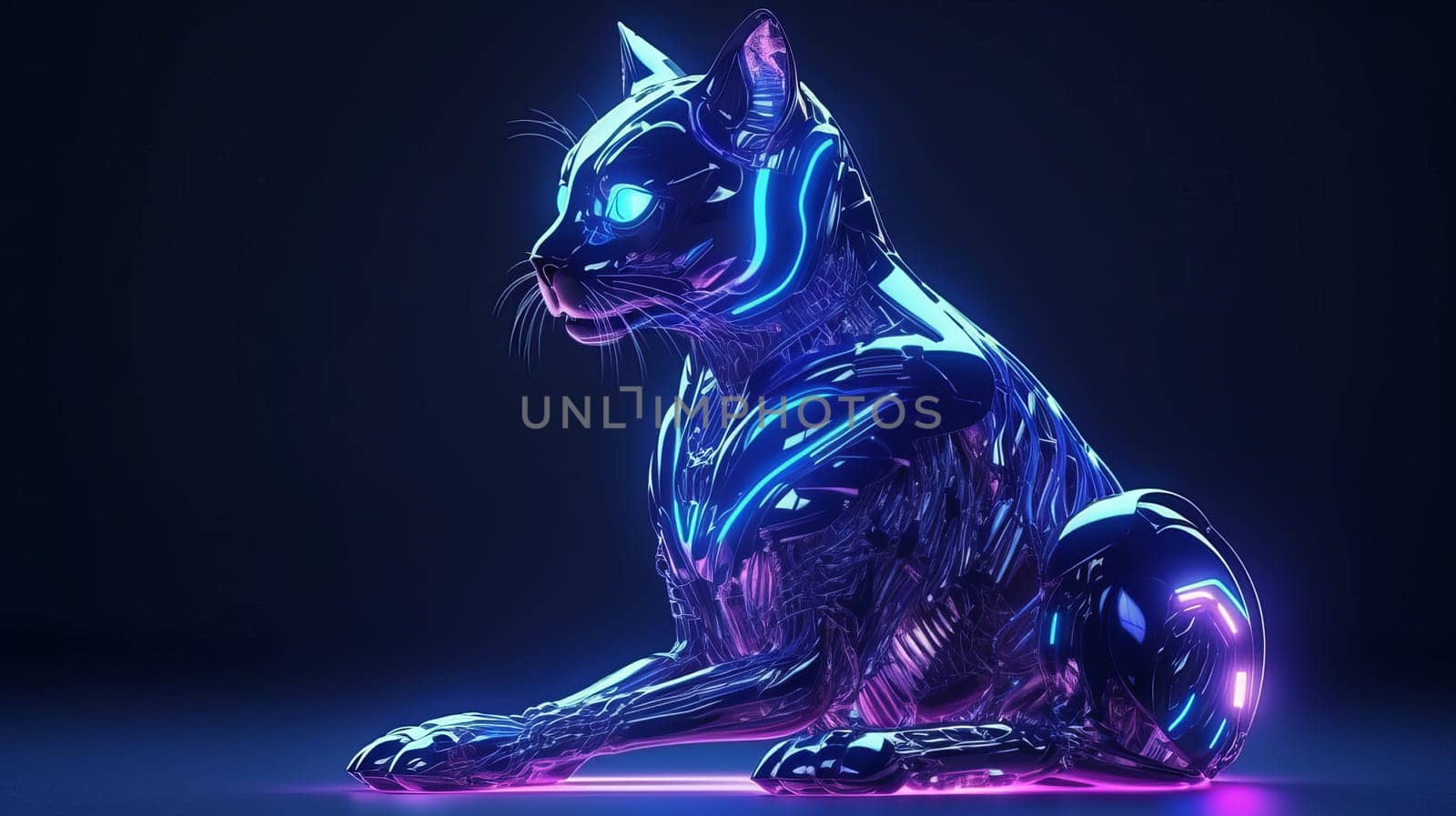 Humanoid cyber cat in virtual digital technology in neon light, futuristic robot, 3D rendering.