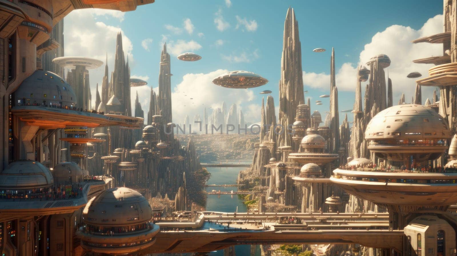 Fake, futuristic AI generated city with flying objects