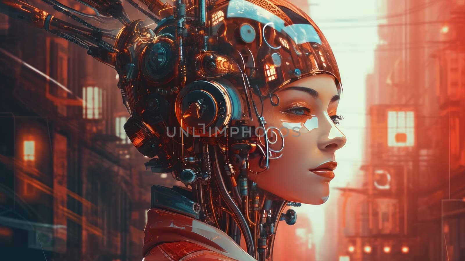 Humanoid cyber girl in virtual digital technology on the background of the city, a futuristic robot in 3D rendering. The concept of coexistence of people and robots. Generative AI. by Alla_Yurtayeva
