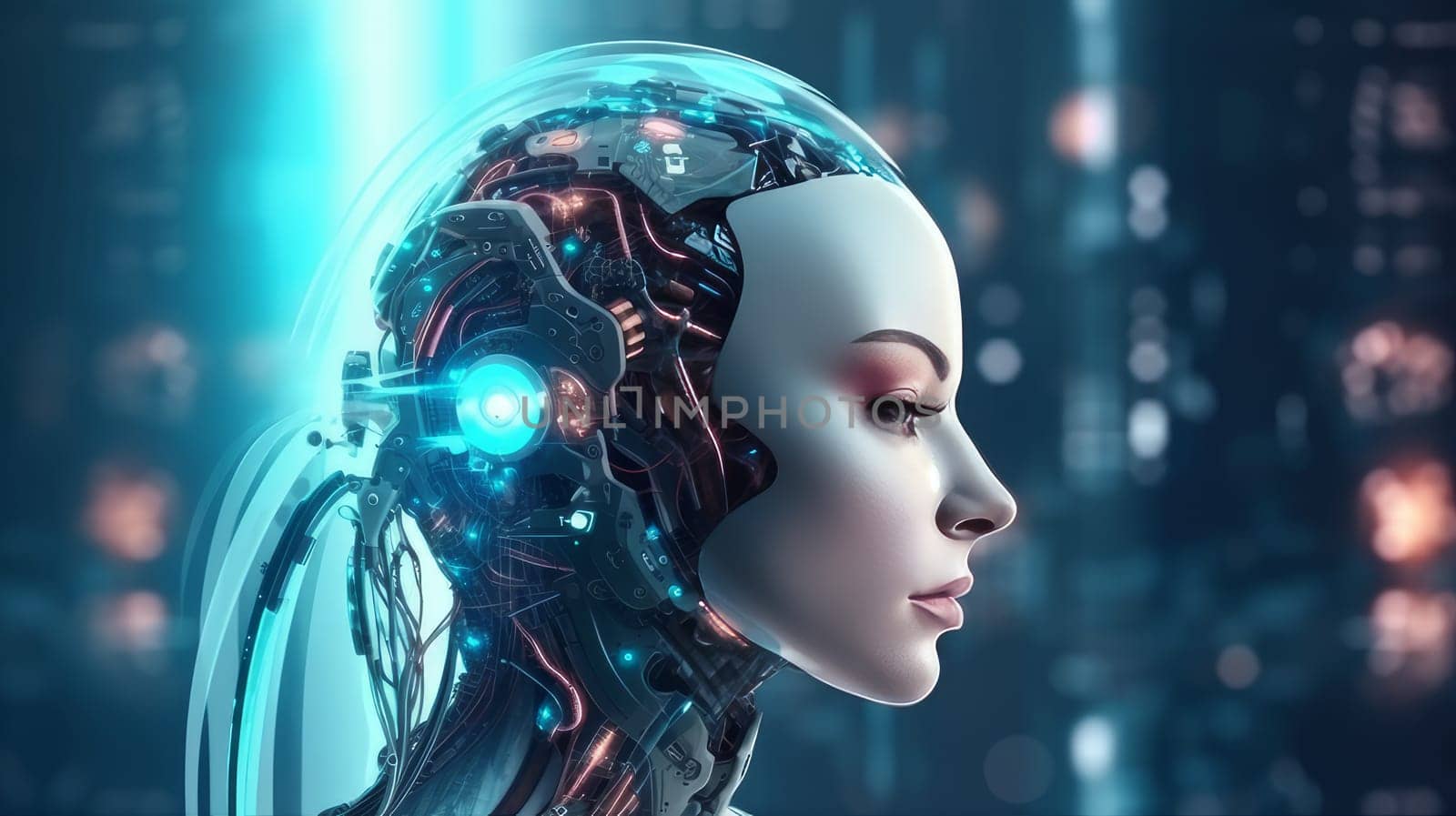 Humanoid cyber girl in virtual digital technologies in neon light, futuristic robot in 3d render. The concept of coexistence of people and robots