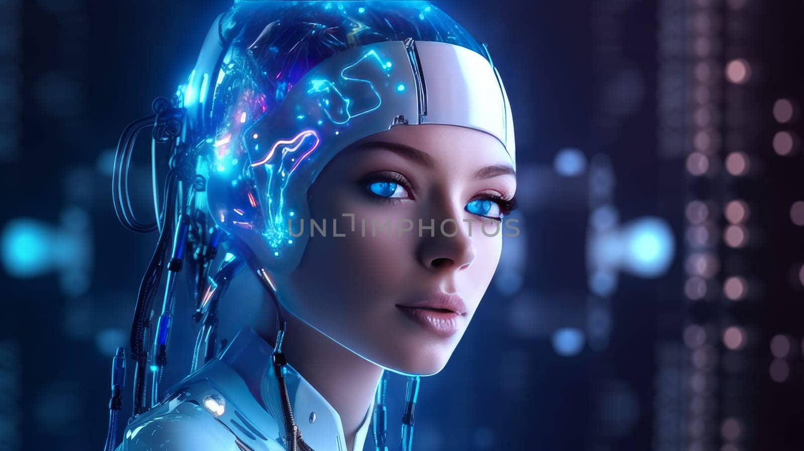 Humanoid cyber girl in virtual digital technologies in neon light, futuristic robot in 3d render. The concept of coexistence of people and robots. Generative AI. by Alla_Yurtayeva