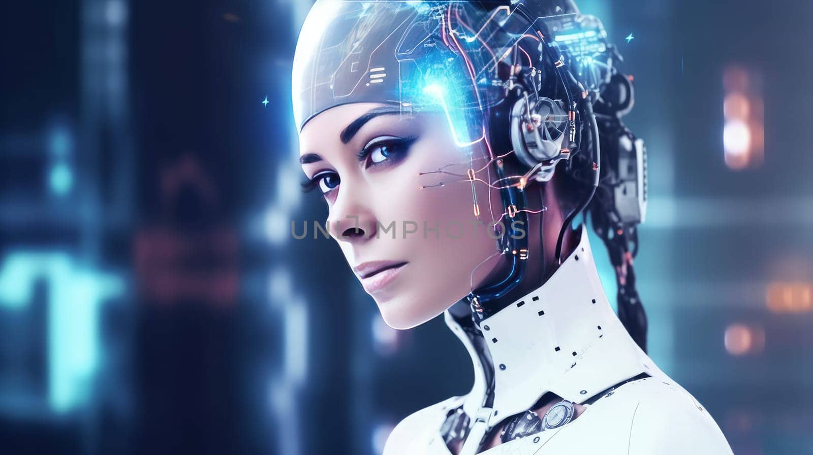 Humanoid cyber girl in virtual digital technologies in neon light, futuristic robot in 3d render. The concept of coexistence of people and robots