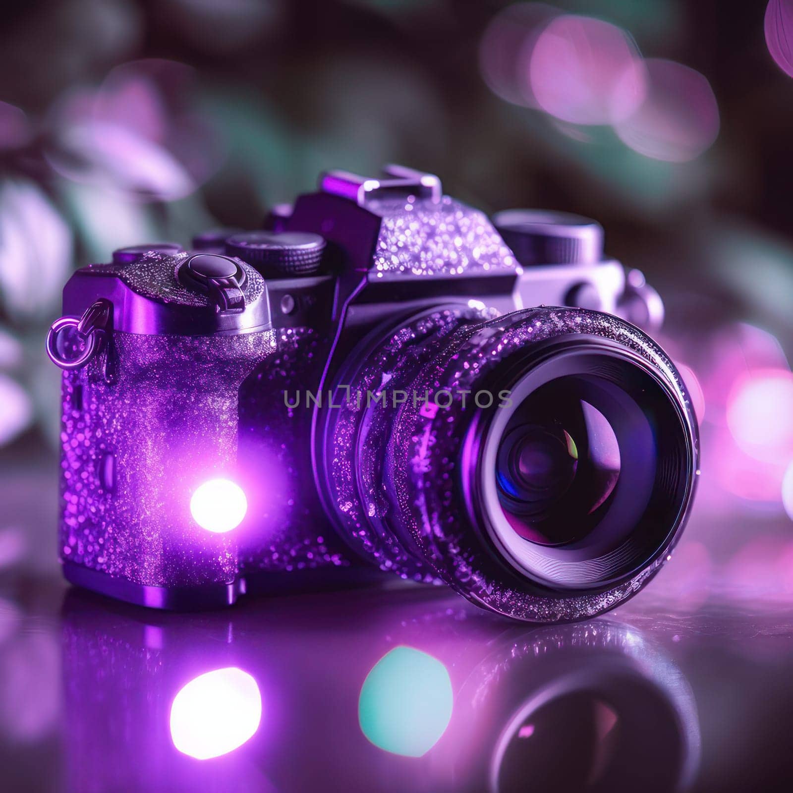 Photographing or video filming for professional bloggers. The camera is placed on a mirrored surface in purple light. AI generated.