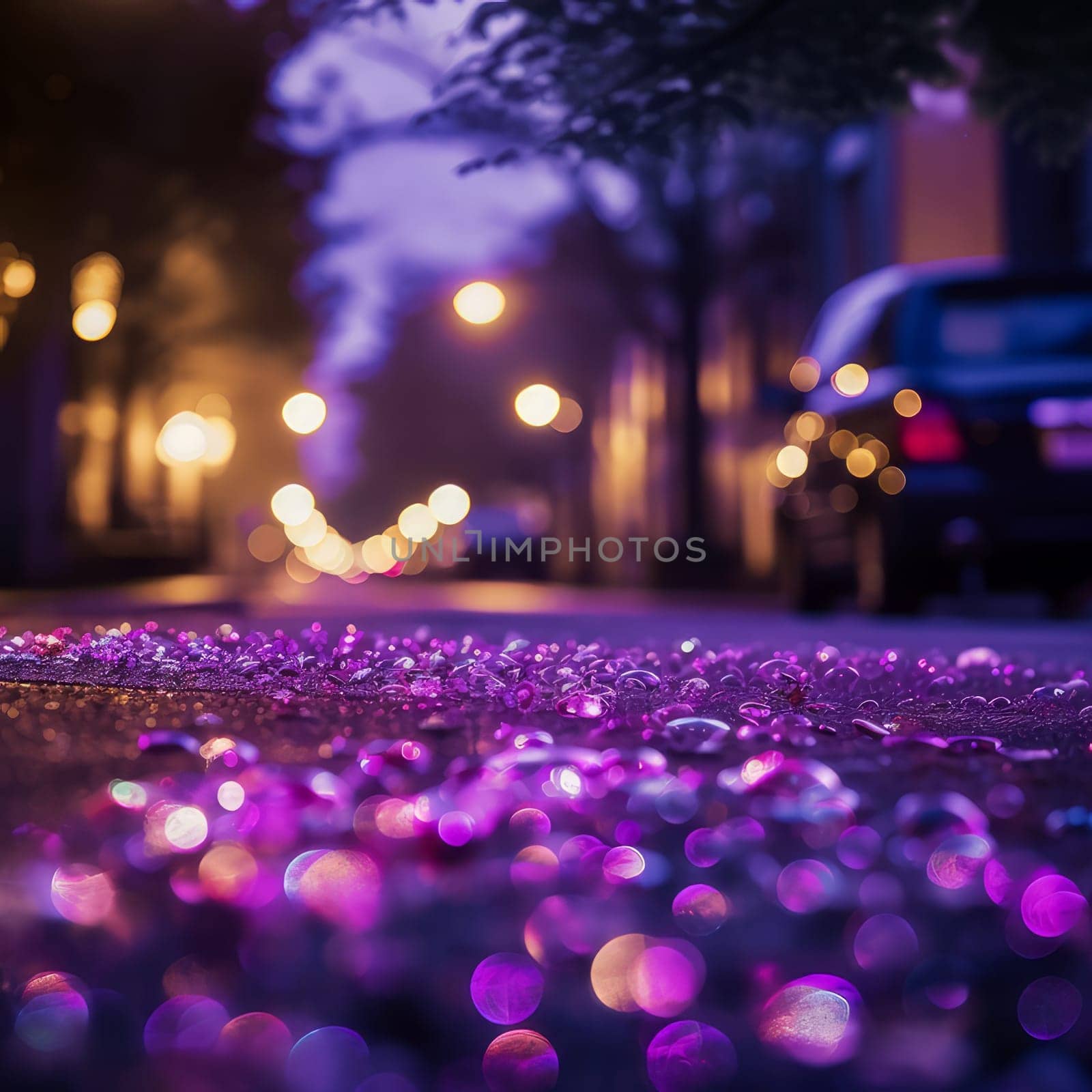 Night city road with purple backlit car. AI generated. by Alla_Yurtayeva