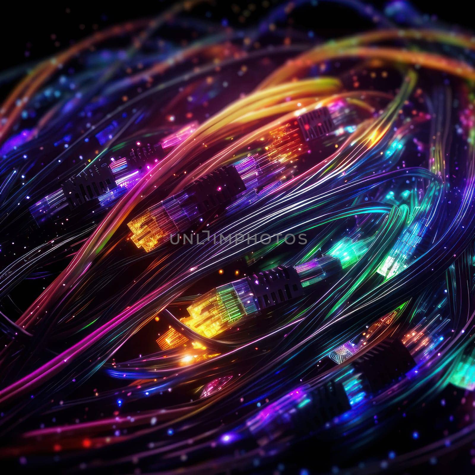 Wires from modern technology are bright and with neon light. Glowing, colorful background. AI generated. by Alla_Yurtayeva