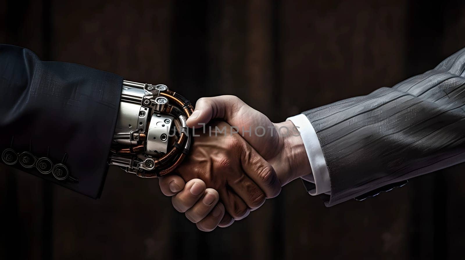 The hand of a man in a suit shakes the hand of a robot on a dark background