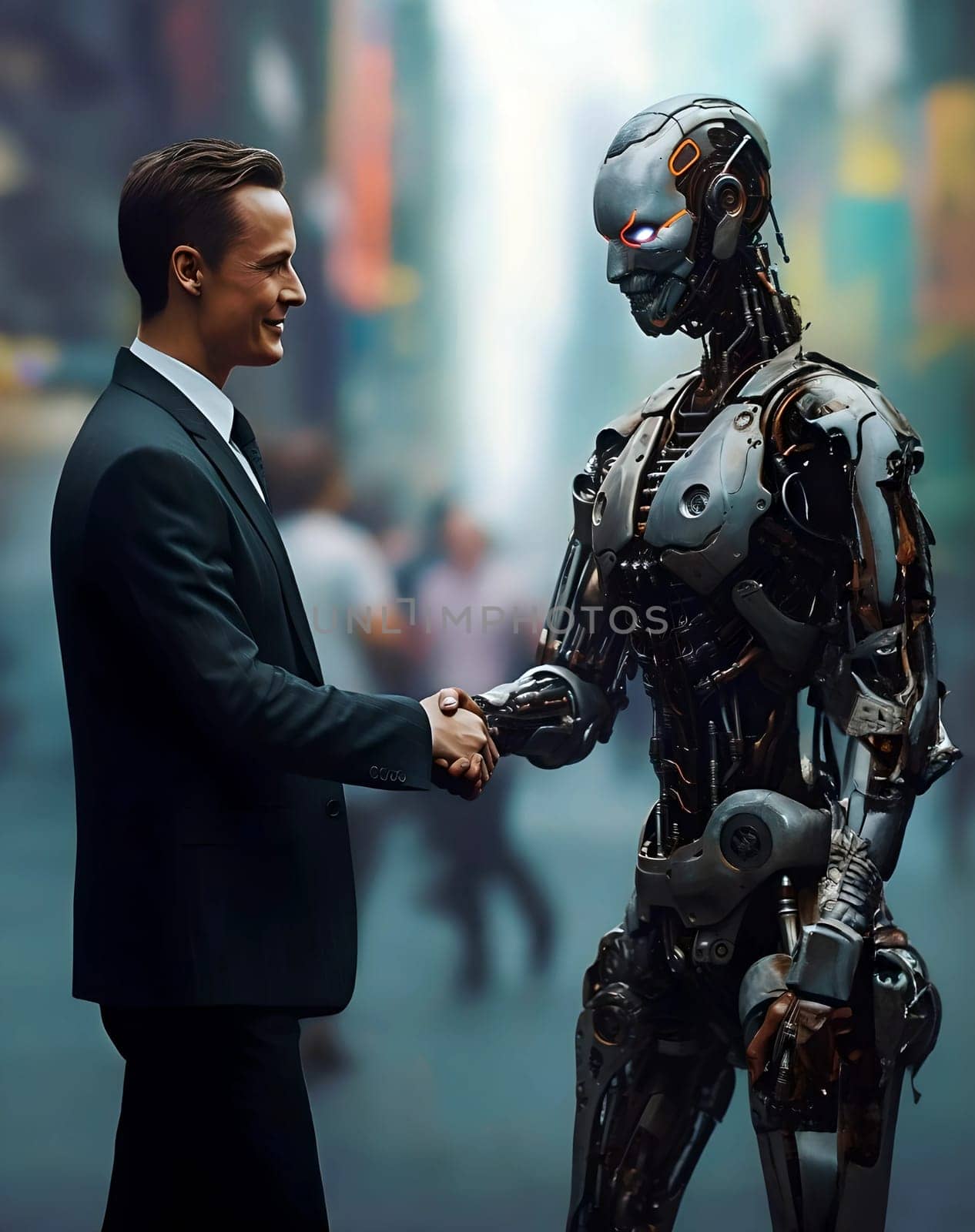 A metal robot shakes hands with a man in a suit. A city with people in the background