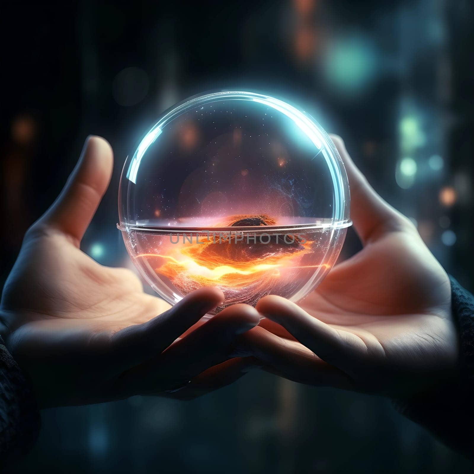 AI glass sphere with glow in hands on a dark background. The concept of new technologies