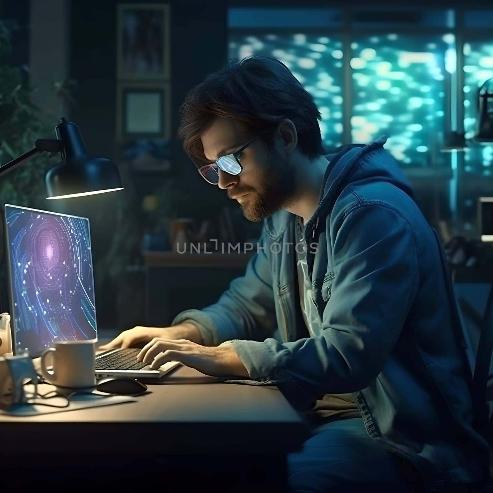 A programmer works at a laptop. Dark room in the background. The concept of technology