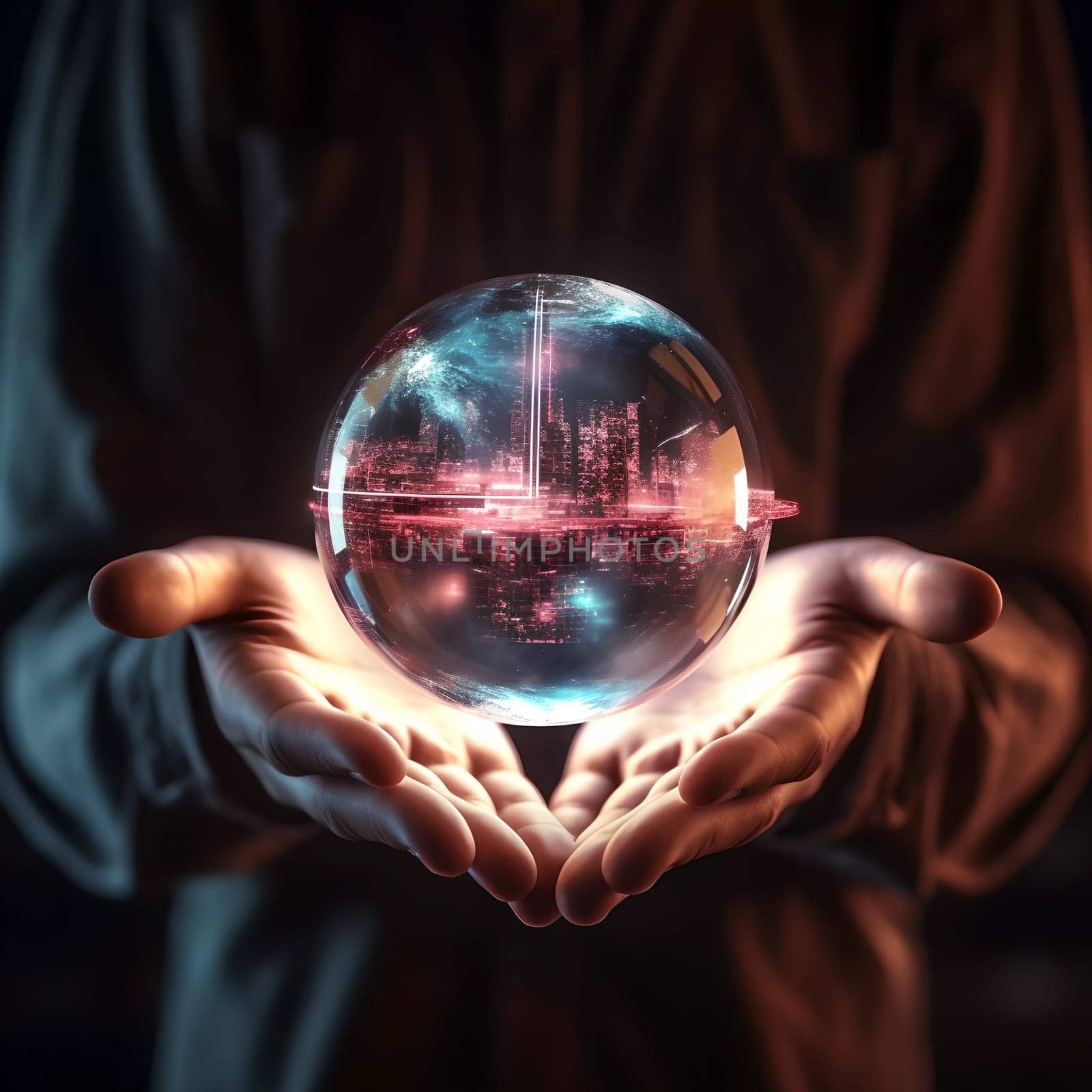 AI glass sphere with glow in hands on a dark background. The concept of new technologies