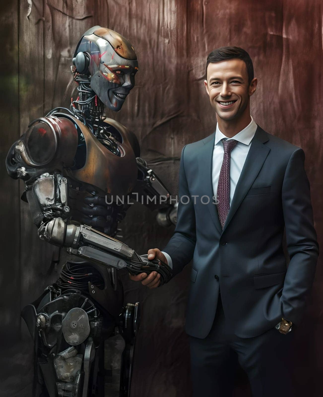 Metal robot shakes hands with a man in a suit by cherezoff