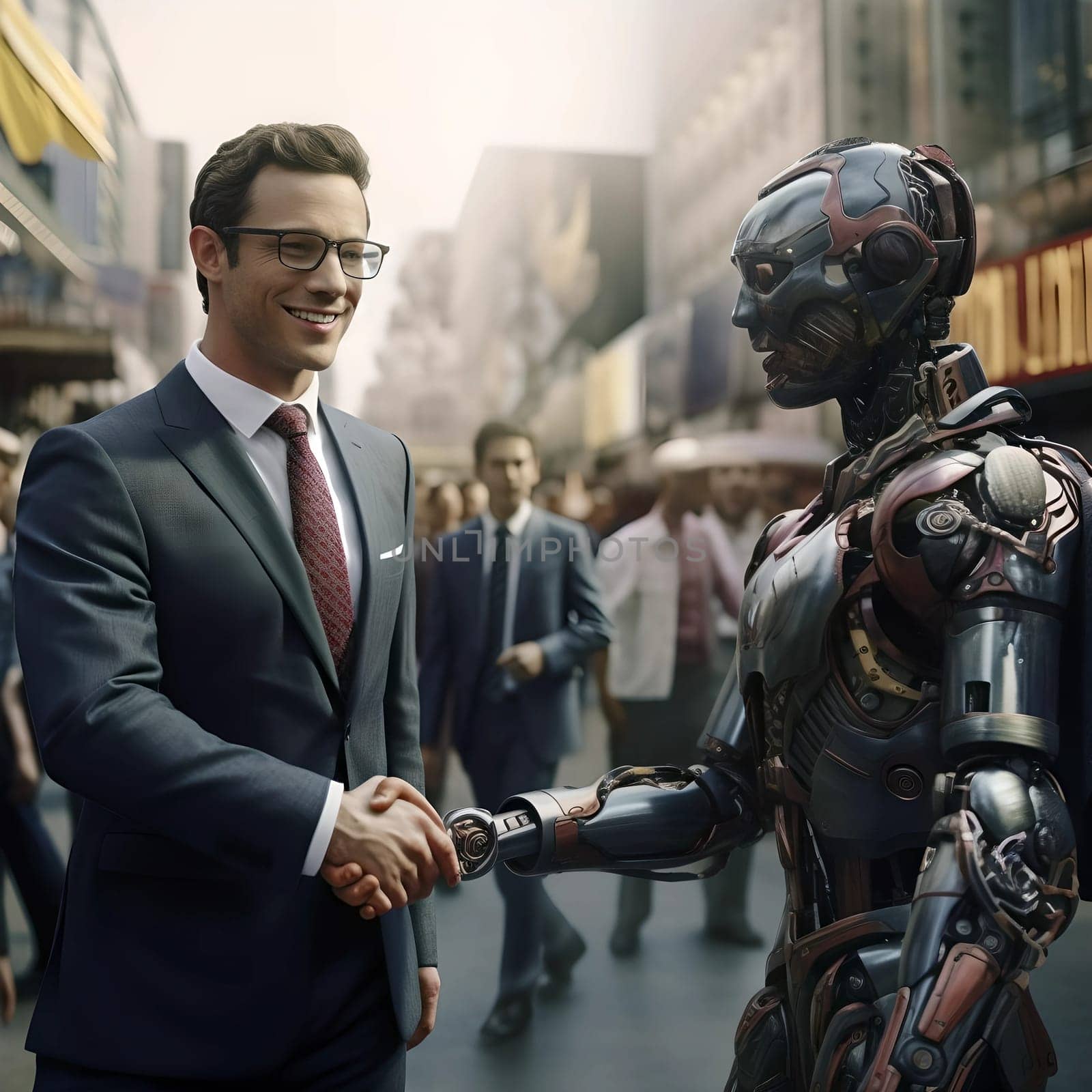 A metal robot shakes hands with a man in a suit. A city with people in the background