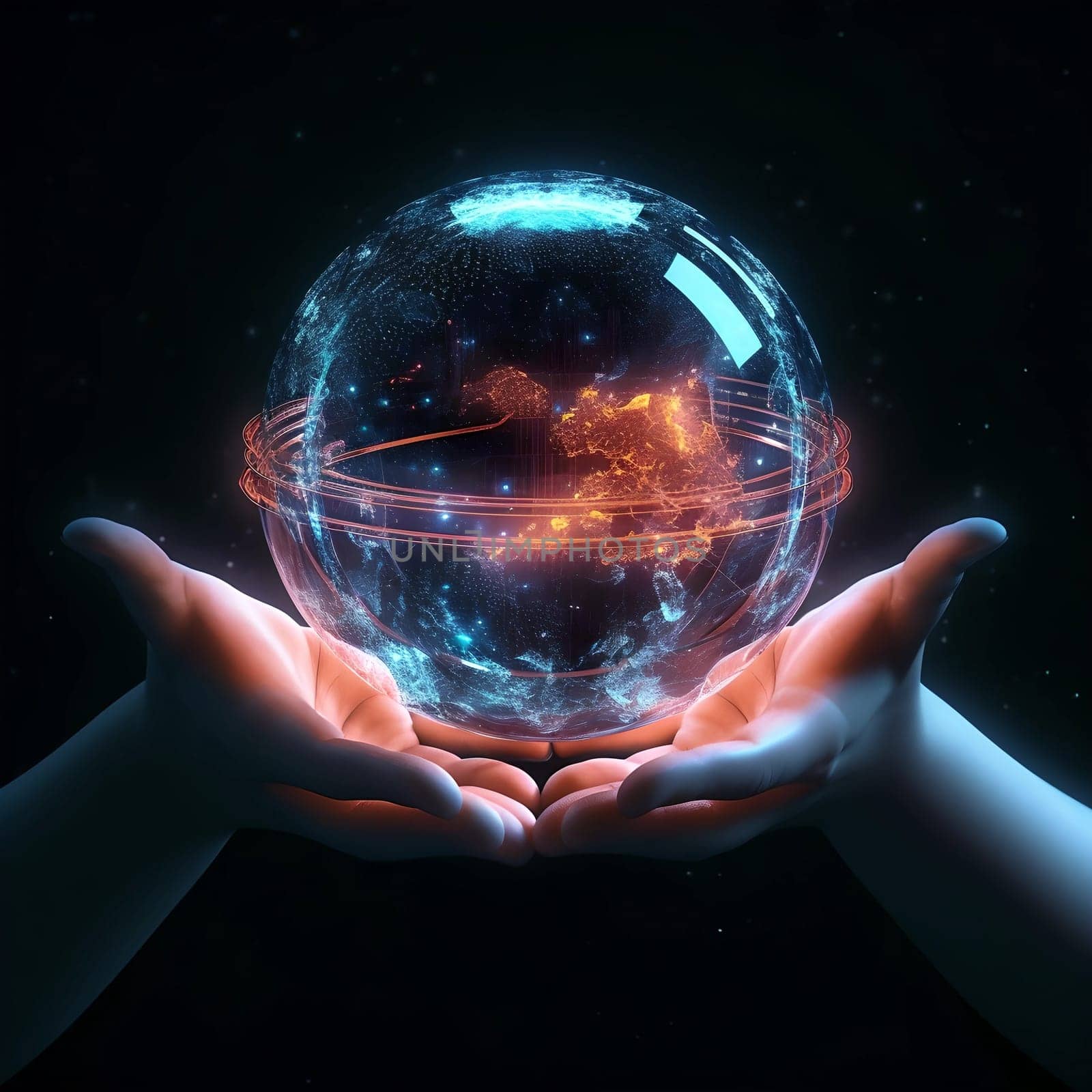 AI glass sphere with glow in hands on a dark background. The concept of new technologies