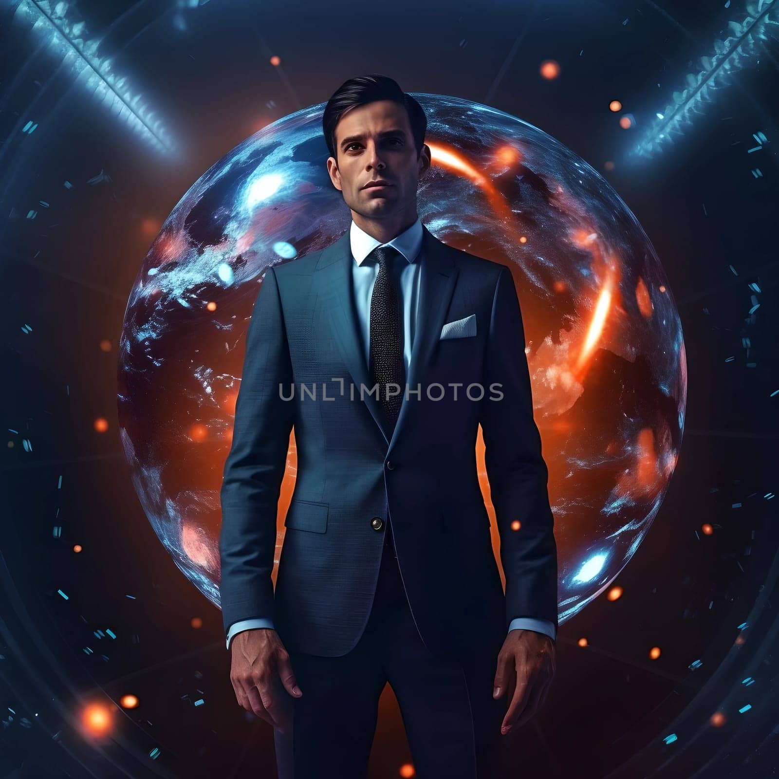 A businessman in a suit, against the backdrop of a virtual globe. Business concept