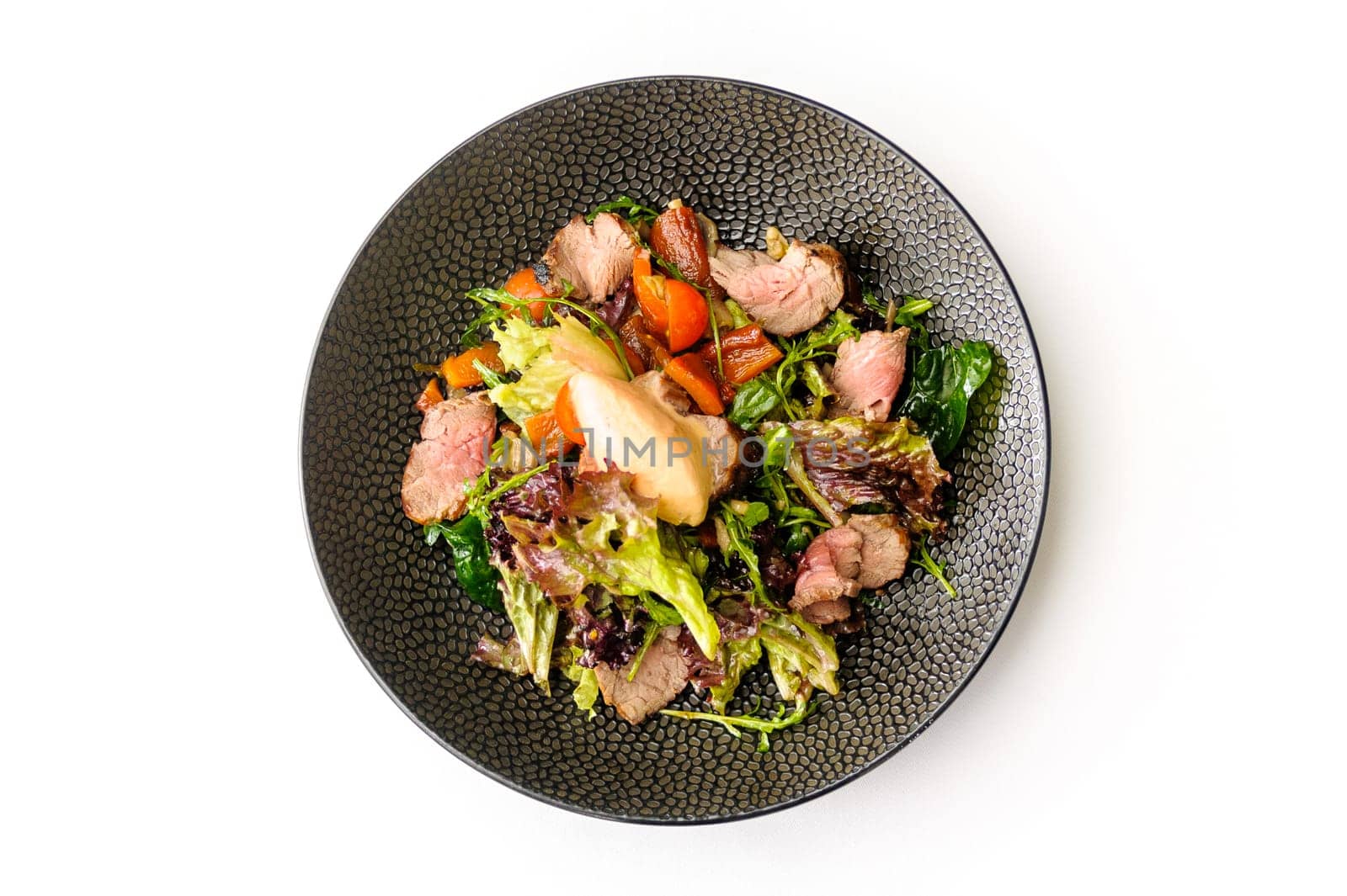 Salad with marble beef and ice cream isolated