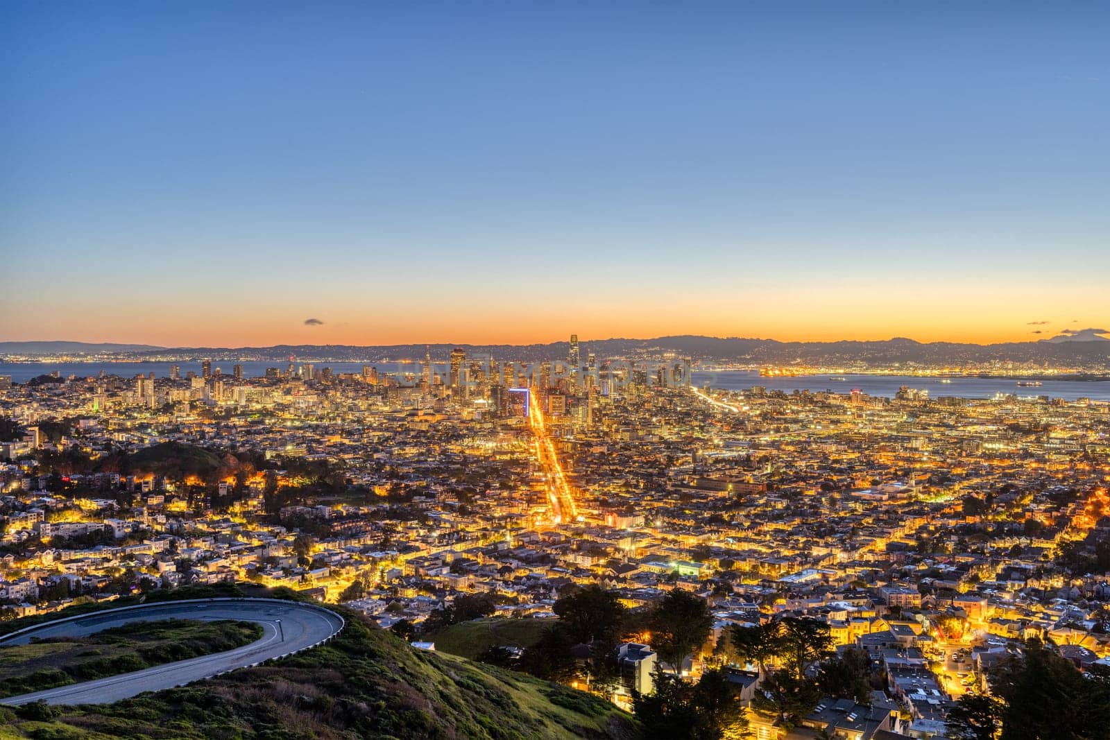 View over downtown San Francisco in California before sunrise