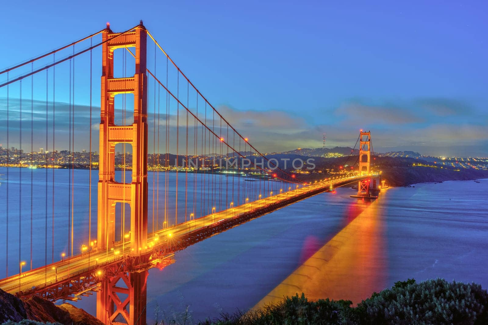 The iconic Golden Gate Bridge in San Francisco at twilight