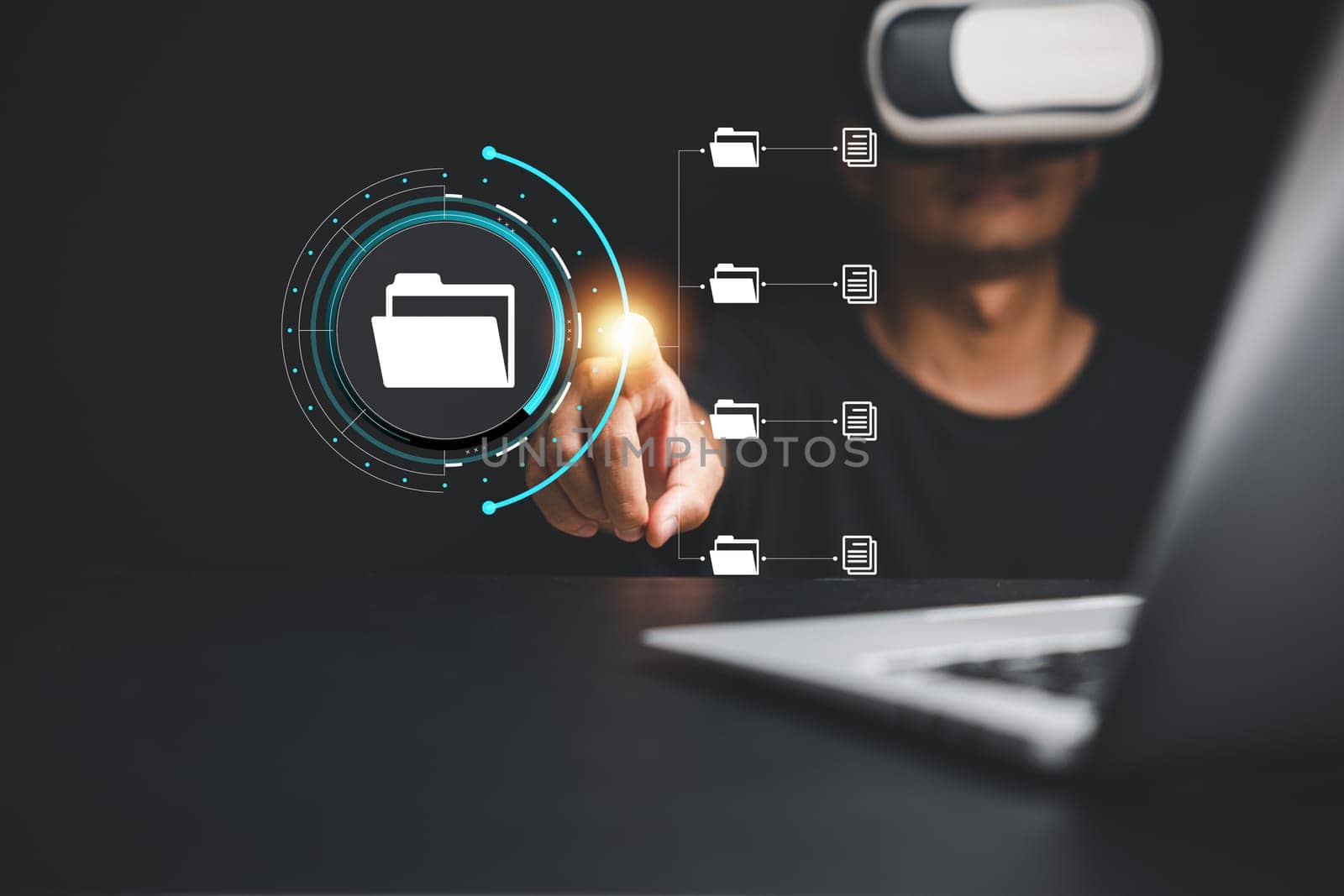 Virtual reality VR concept with a man working on a Document Management System DMS. Illustrating the convergence of Internet Technology and efficient data file management.