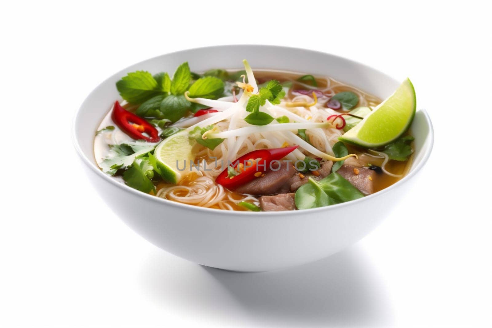 korea food hot plate herb white meal pho soup pho dish space bowl tasty noodle broth background bo copy traditional asian cuisine rare. Generative AI.