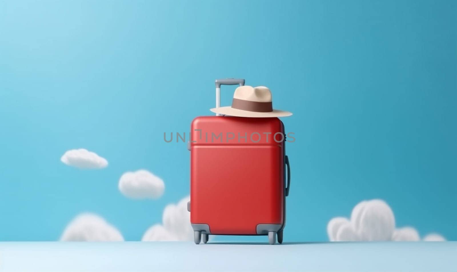 vacation trip travel journey suitcase holiday hat blue air baggage background. Generative AI. by SHOTPRIME