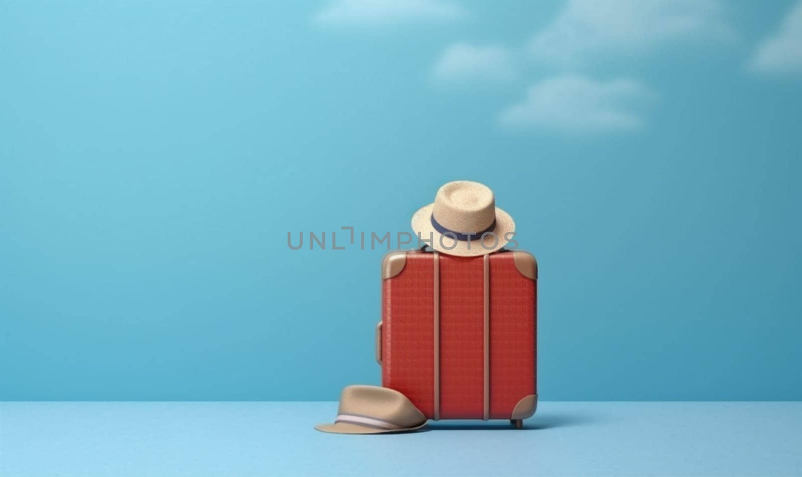 leisure baggage suitcase mockup tourism departure travel beach traveler object holiday tourist background journey trip blue transport hat protection vacation fly. Generative AI.