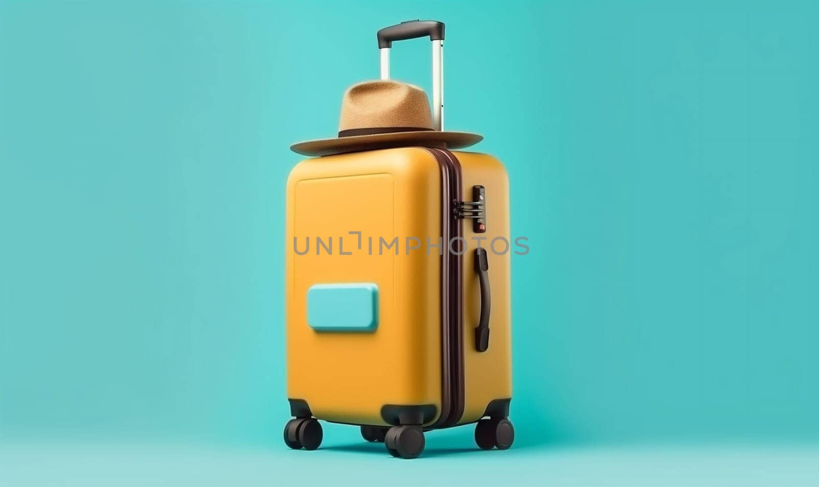 blue journey suitcase tourism hat vacation object large travel air leisure beautiful mockup airport design baggage background holiday sunscreen sun trip. Generative AI.