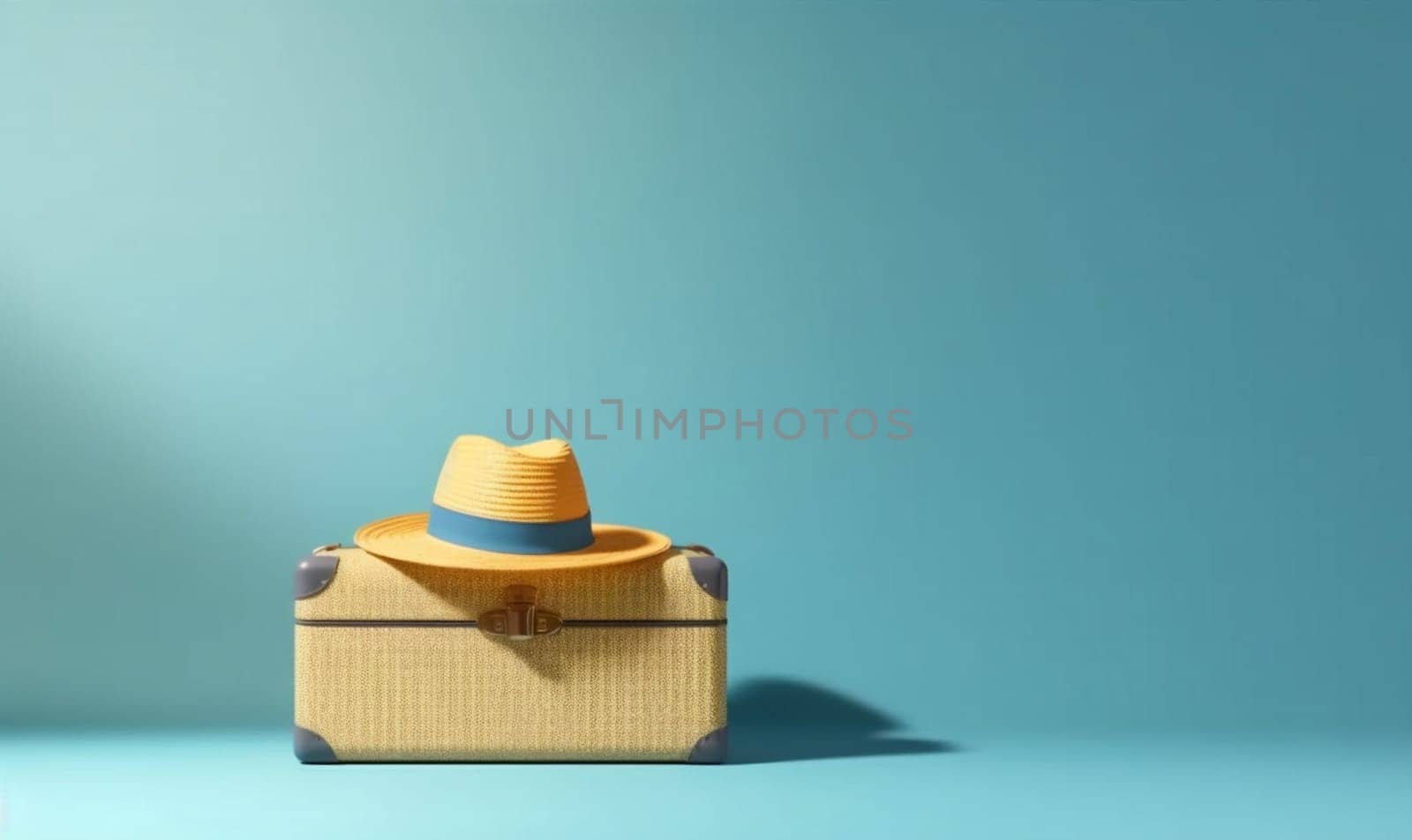 symbol travel holiday business bag tourist space suitcase hat background traveler journey beautiful concept baggage blue copy hipster vacation trip tourism sunscreen. Generative AI.