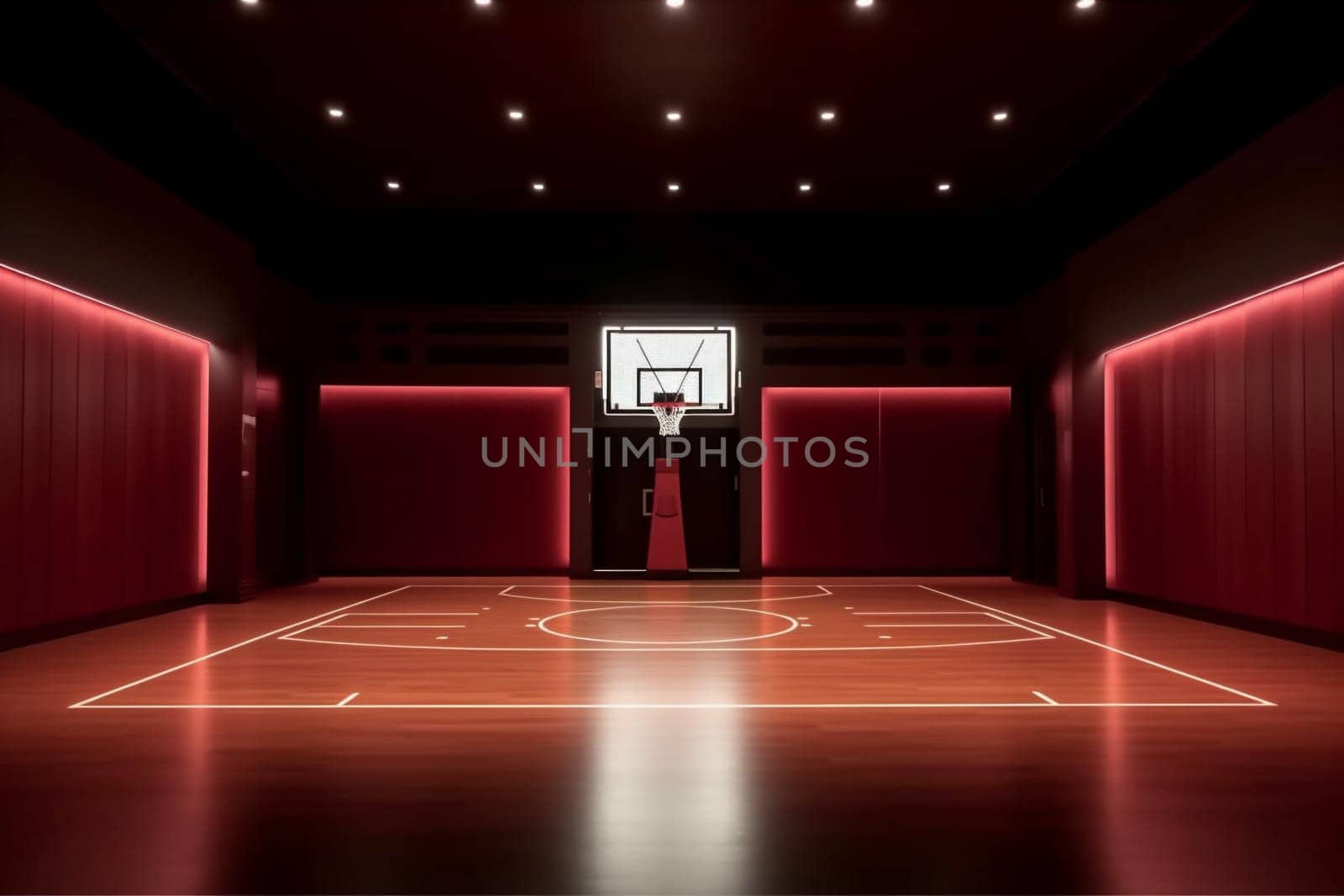 perspective basketball corridor competition neon wall interior hall tunnel hallway professional color sport empty net arena indoor game room match background building. Generative AI.