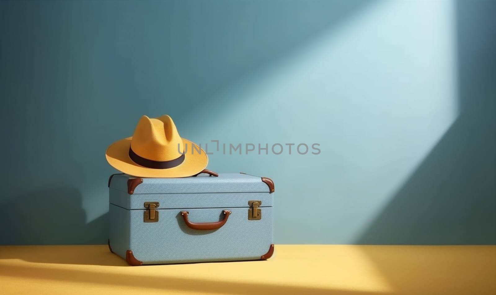 protection holding journey holiday object trip travel tourism baggage vacation bag departure airport air hat background concept blue suitcase tourist beach. Generative AI.