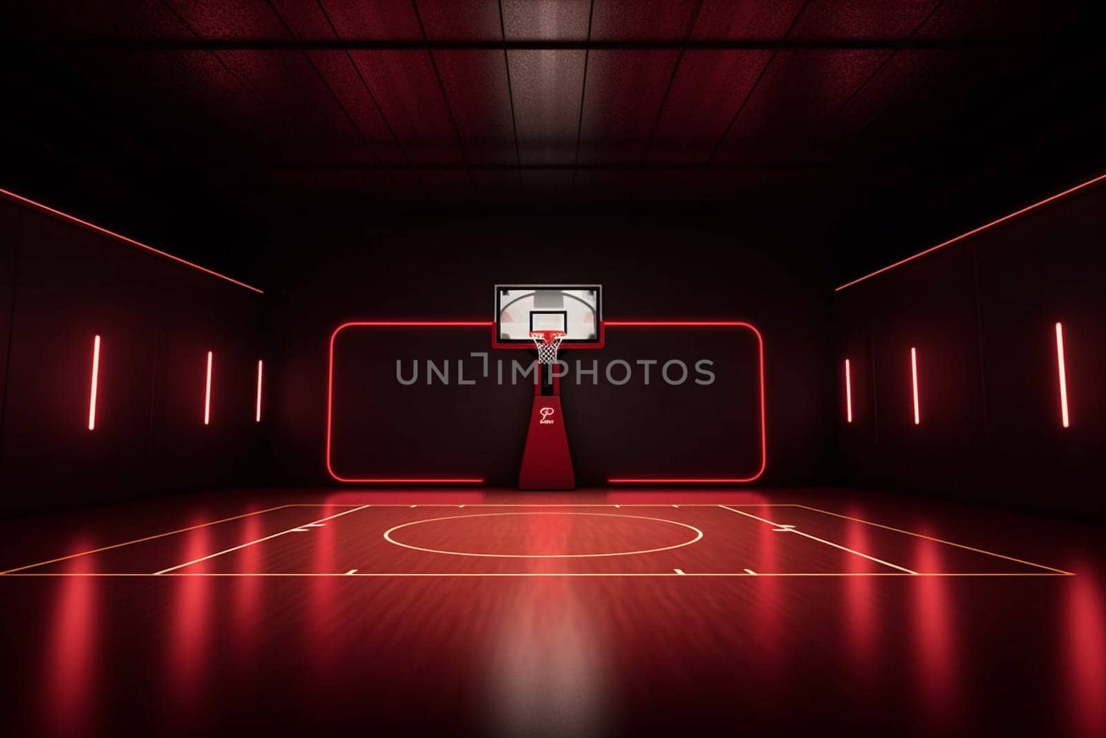 empty court color corridor basketball game wall neon background black illuminated stadium spotlight modern arena hall interior blue futuristic indoor building light. Generative AI.